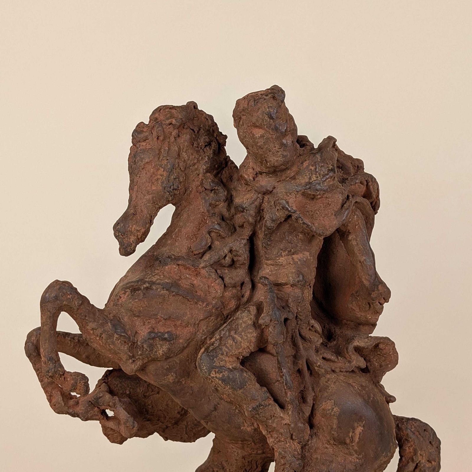 Antique French Terracotta Equestrian Warrior Sculpture: Rearing Horse Clay Statue Baroque Style photo furniture