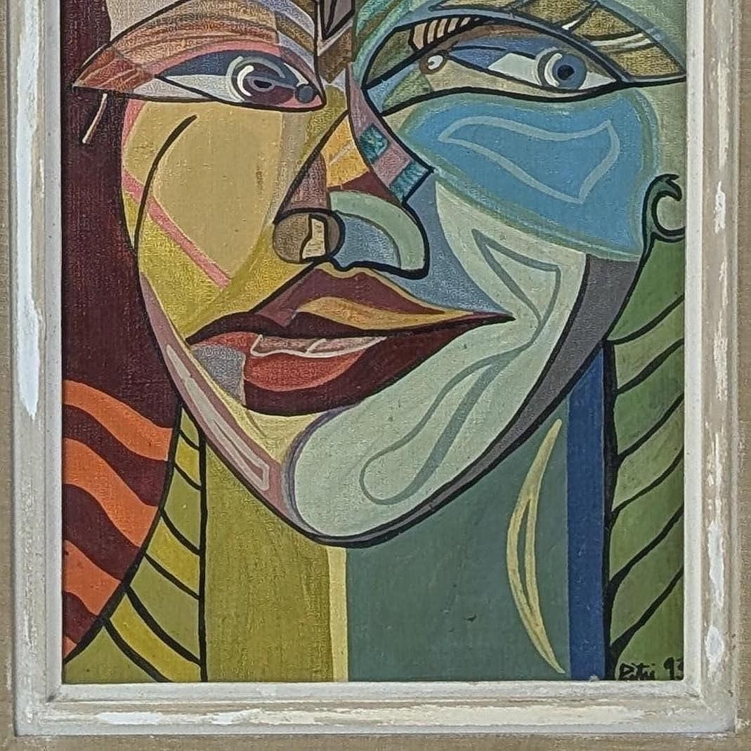 1990s French Oil On Canvas Cubist Portrait Painting: Signed Abstract Modernist Face Art photo furniture