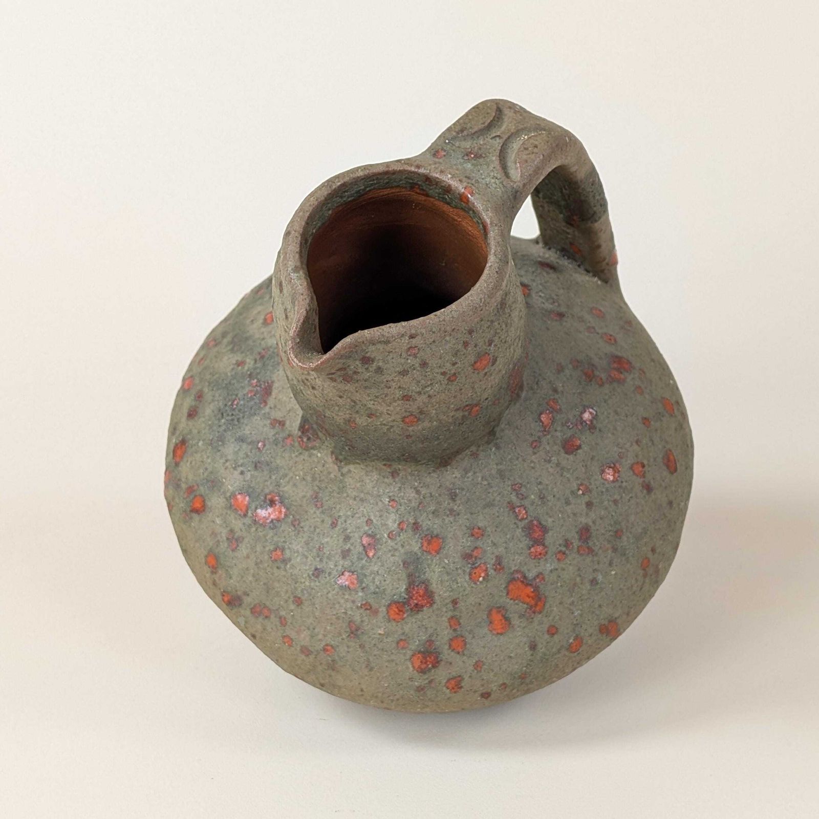 Carlo Ramo Orezza Corsica Pottery Pitcher: Mid Century Volcanic Glaze Jug, Grey Green Orange Textured Art Ceramic photo buy