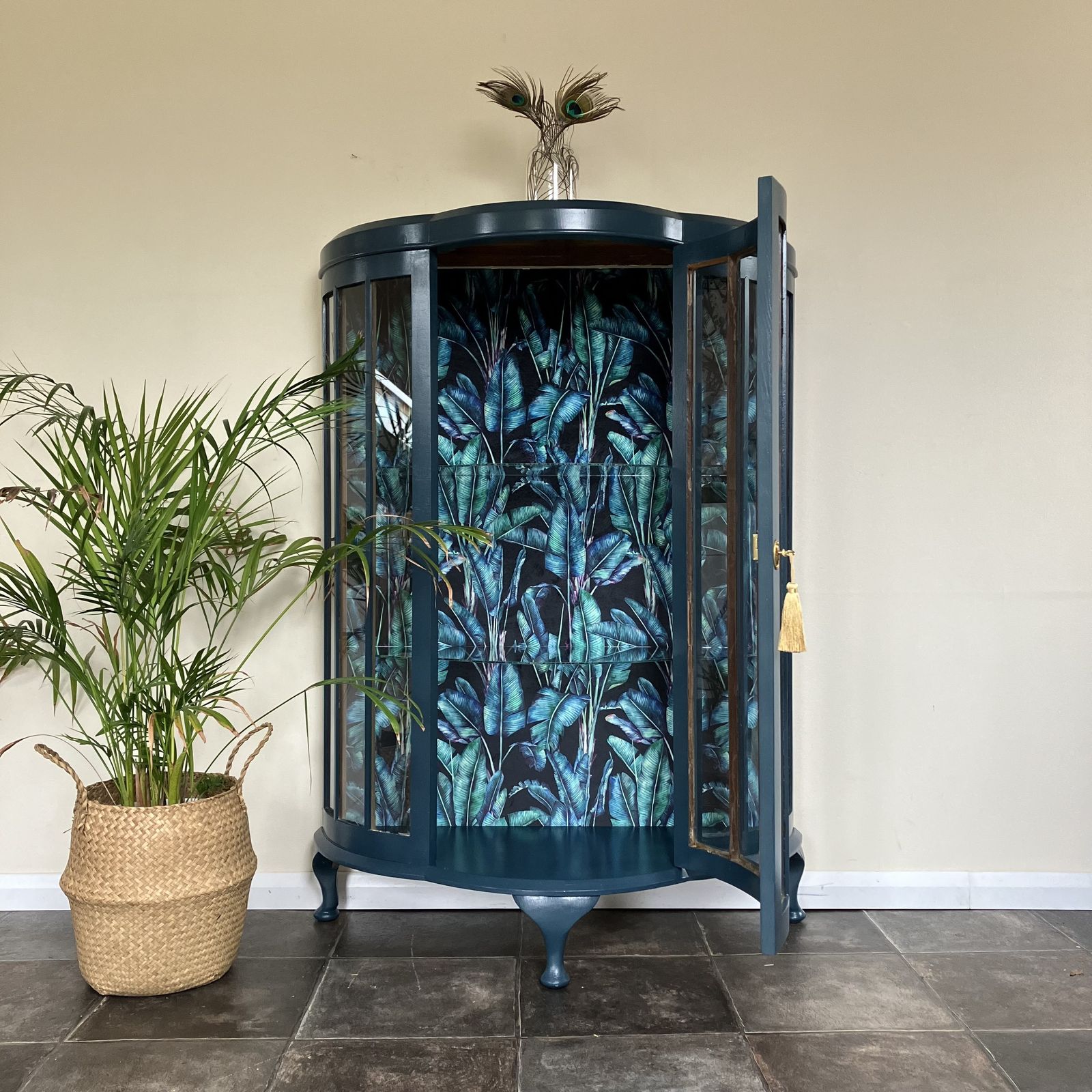 Antique Painted Glass Gin Display Cabinet: Farrow And Ball Hague Blue, Paradise Velvet Interior photo for sale