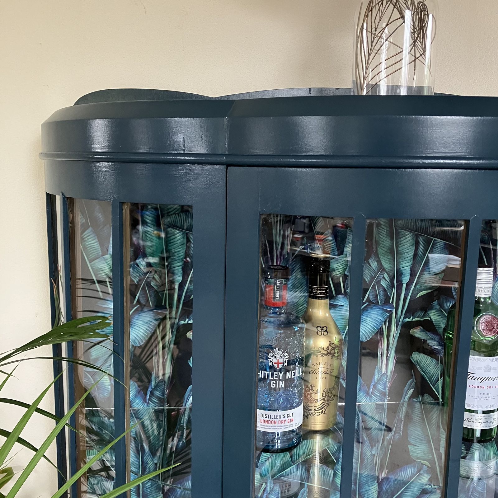 Antique Painted Glass Gin Display Cabinet: Farrow And Ball Hague Blue, Paradise Velvet Interior photo Furniture