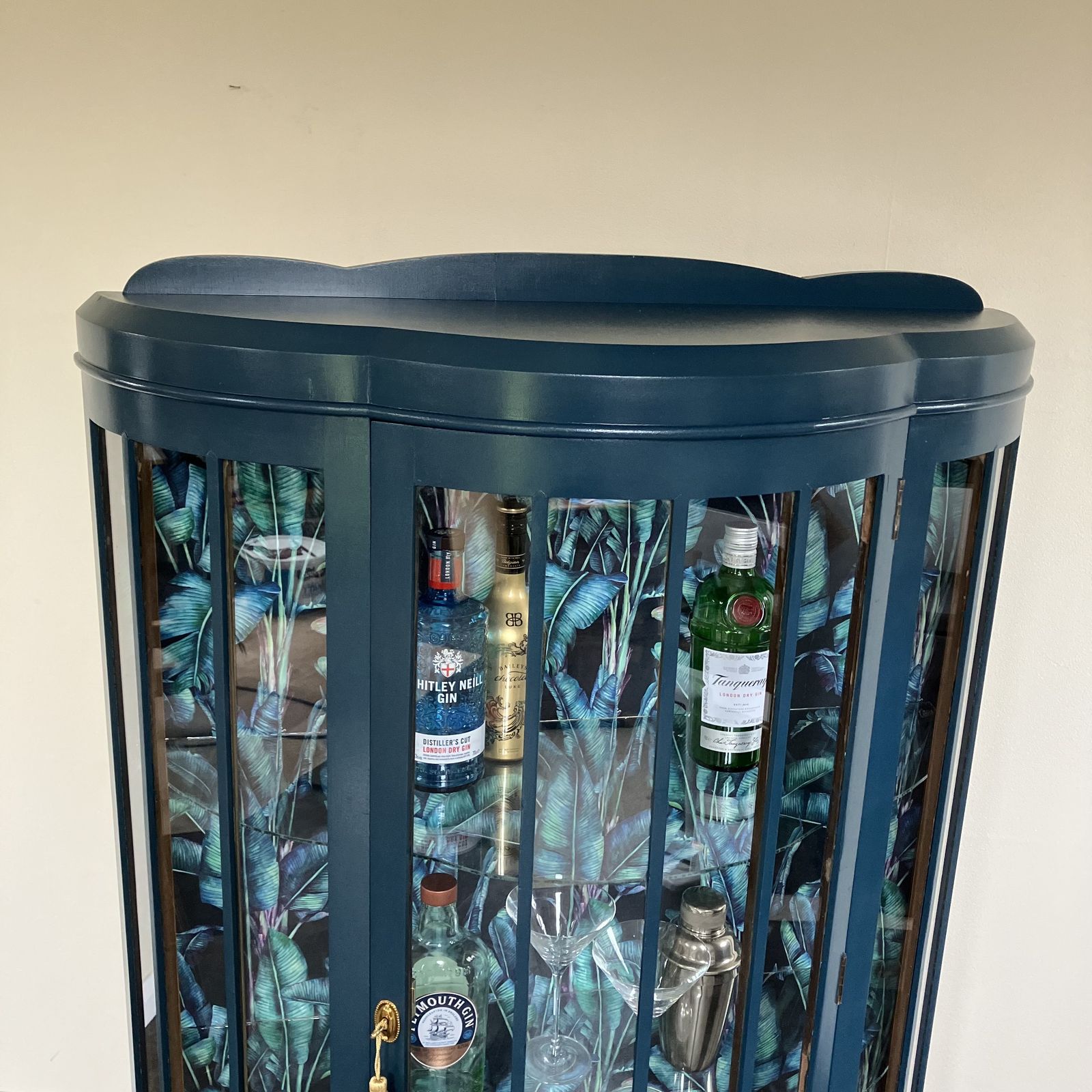 Antique Painted Glass Gin Display Cabinet: Farrow And Ball Hague Blue, Paradise Velvet Interior photo vintage