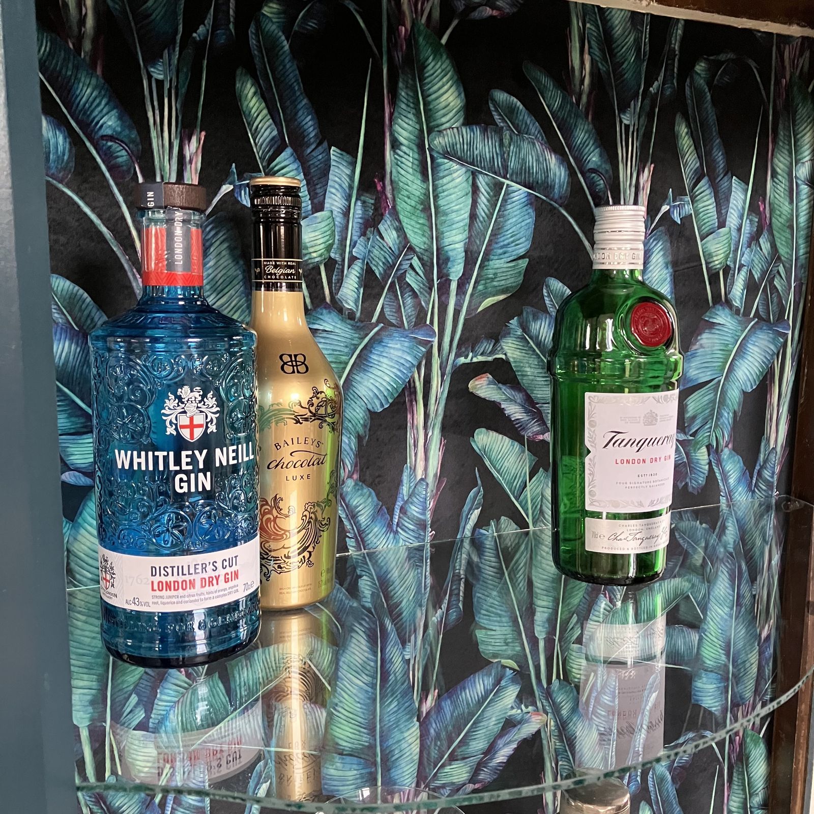 photo for sale Antique Painted Glass Gin Display Cabinet: Farrow And Ball Hague Blue, Paradise Velvet Interior