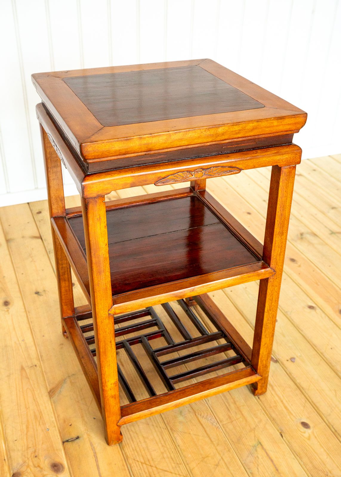 Chinese Tiered Lamp Side Table Antique Qing Dynasty Fretwork Two Tone Blonde Red Scholars Tea Tabl.E 1890 Geometric Blood Ju Yumu Jumu Elm Jiangsu photo furniture