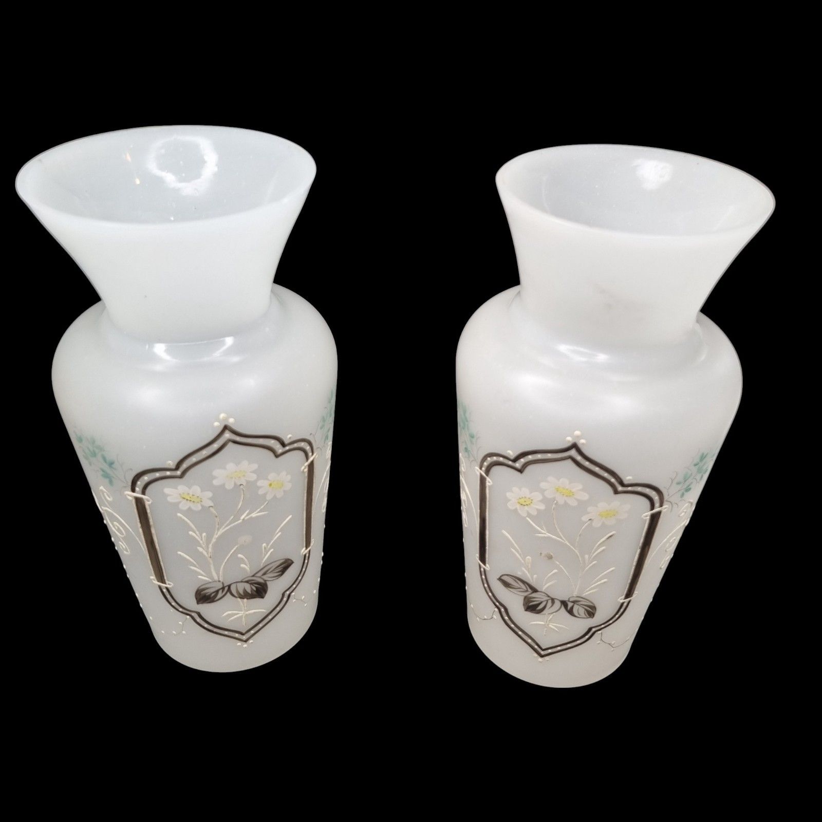 Victorian Opaline Vase Pair Of Hand Painted Decorative Frosted Art Glass photo Home Decor