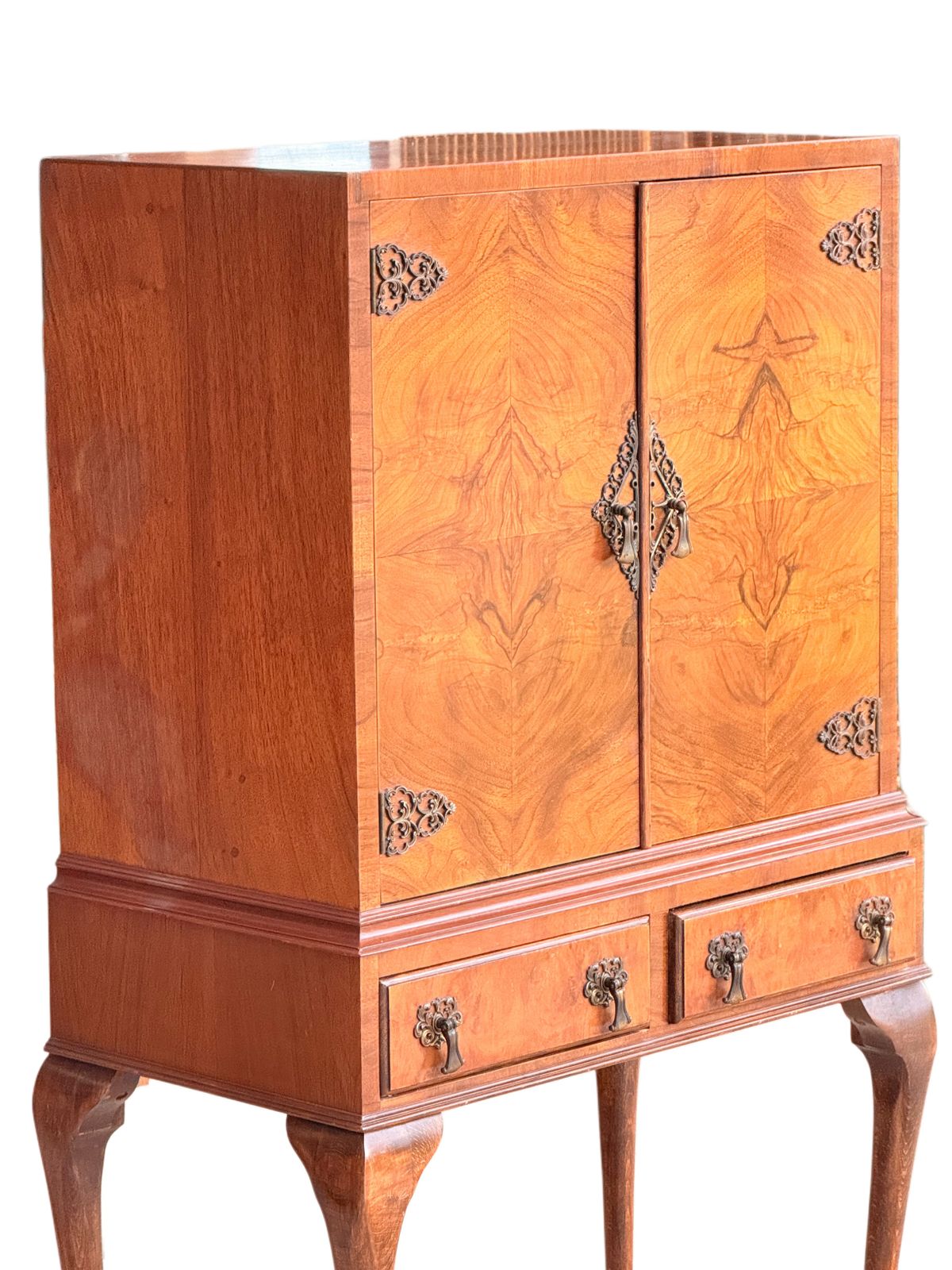 Vintage French Louis XV Rococo Style Burr Walnut Brass Drinks Cabinet On Stand photo for sale