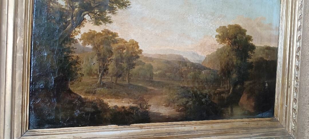 Ntique Painting On Canvas Depicting A Bucolic Landscape photo buy