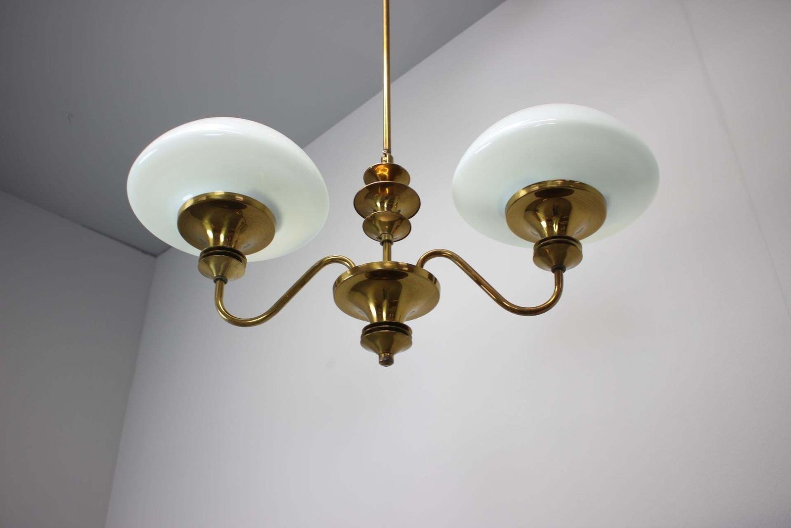 Mid Century Brass Chandelier, Czechoslovakia, 1970s, Made In Jablonec Glasswork photo for sale