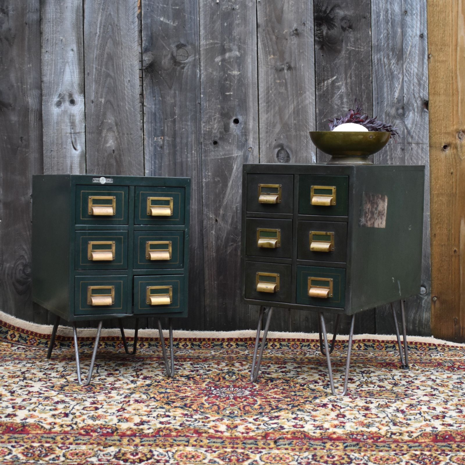 Vintage 1934 Roneo Green Steel Filing Bank Of Drawers Bedside Cabinets Pair photo furniture