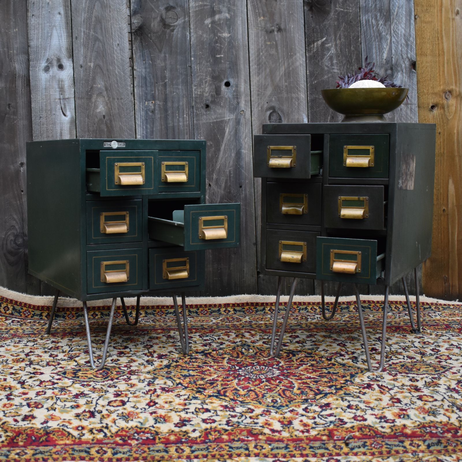 Vintage 1934 Roneo Green Steel Filing Bank Of Drawers Bedside Cabinets Pair