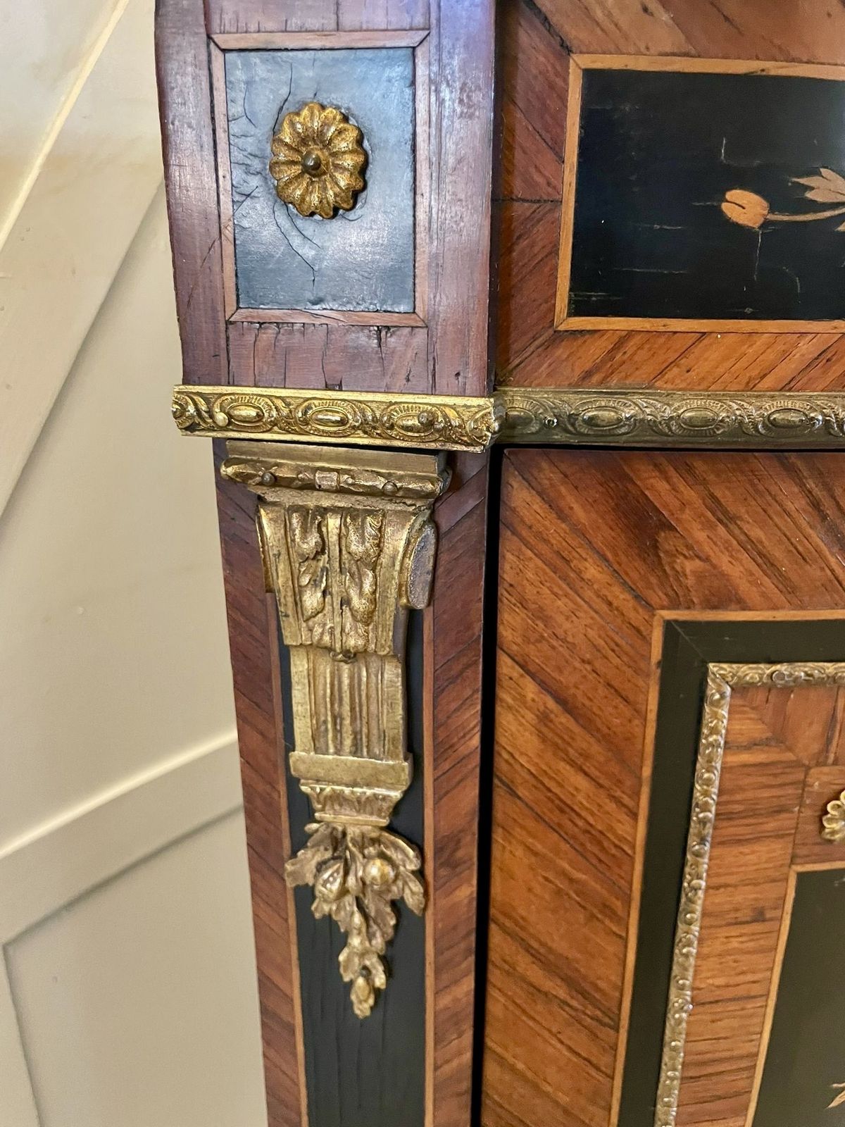 Antique French Louis XVI Style Marquetry Corner Cabinet With Marble Top photo furniture