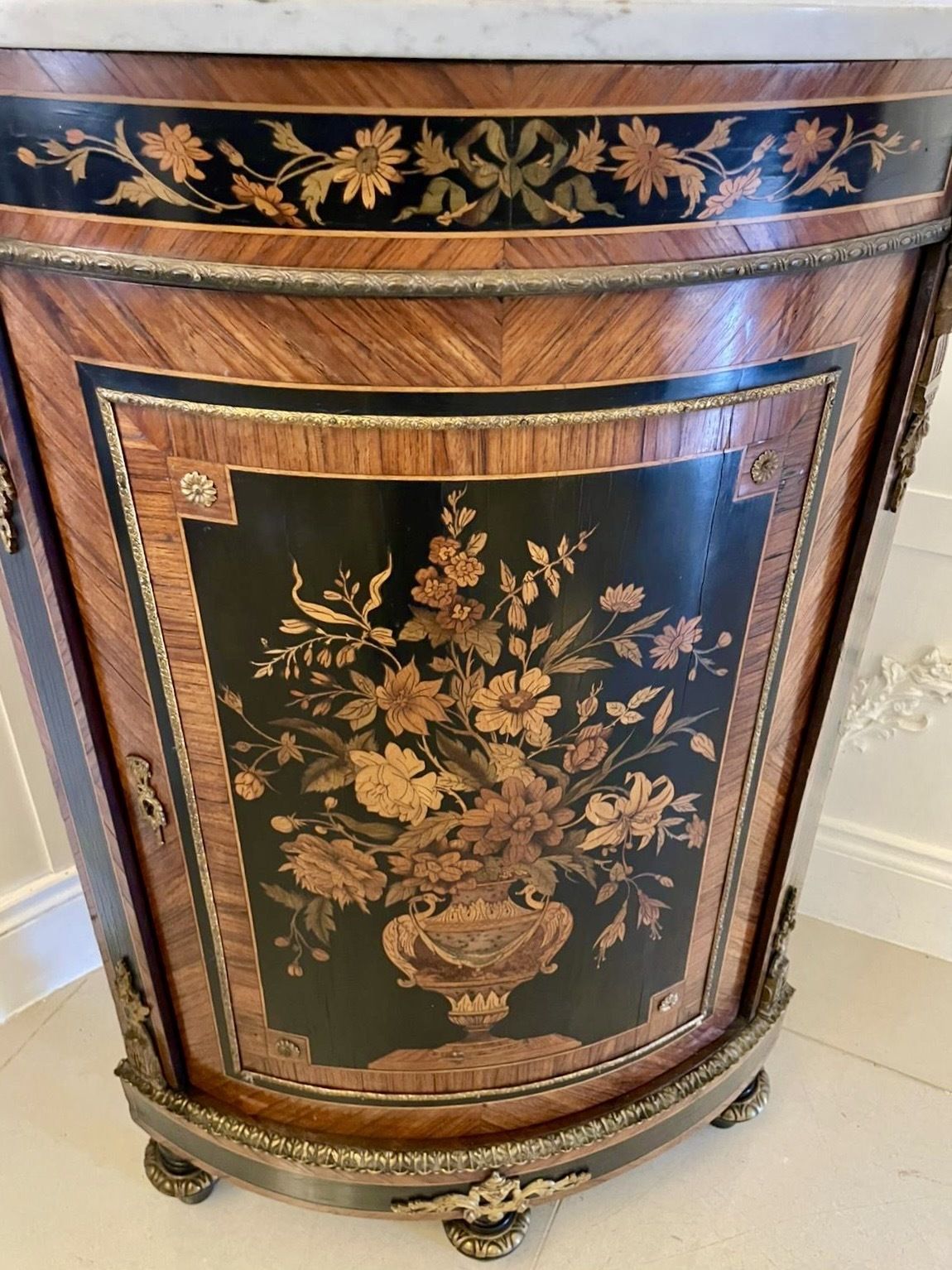 Antique French Louis XVI Style Marquetry Corner Cabinet With Marble Top photo Furniture