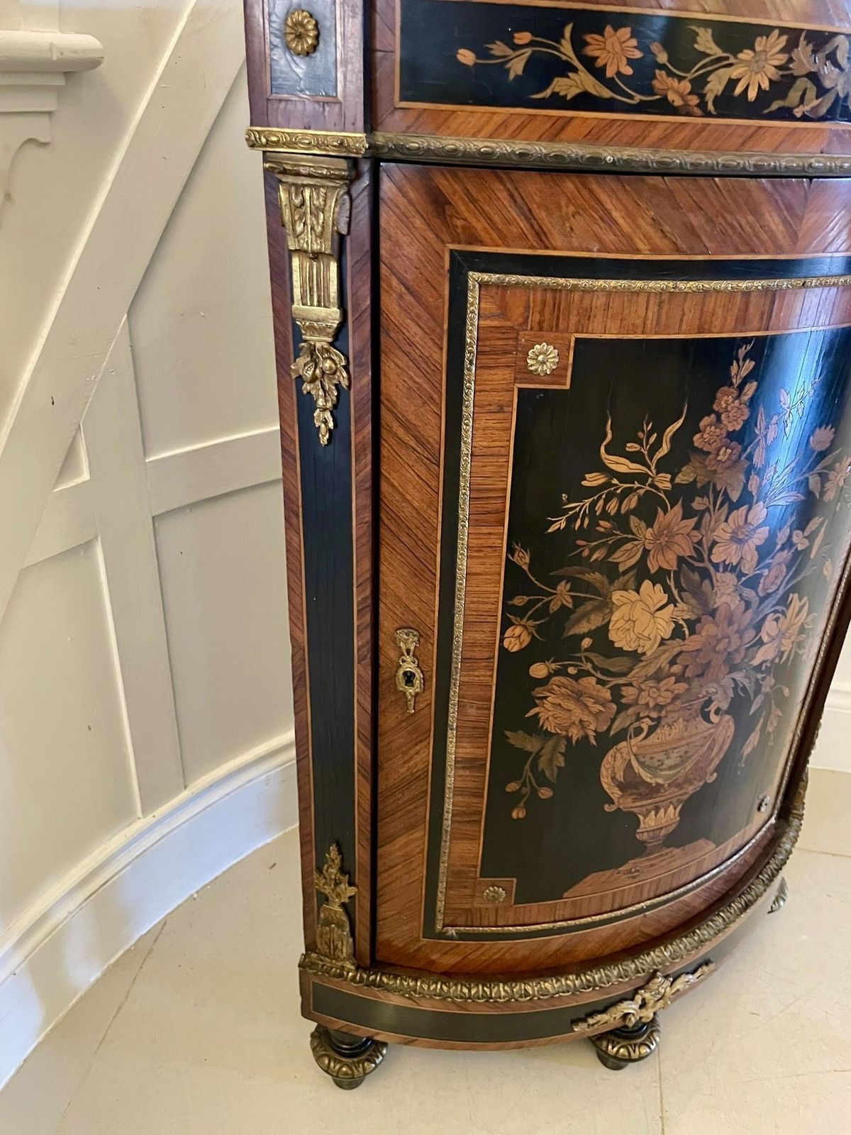 photo for sale Antique French Louis XVI Style Marquetry Corner Cabinet With Marble Top