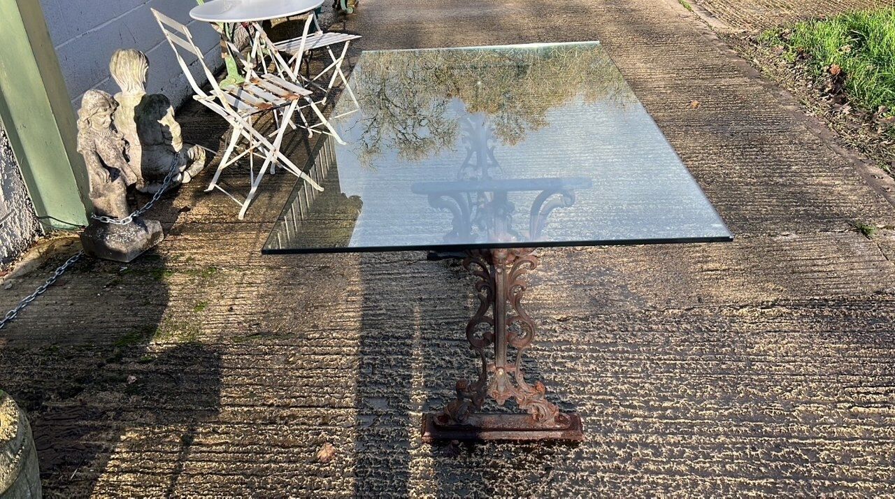 A Striking Antique Cast Iron Dining Table With A Modern Glass Top photo for sale