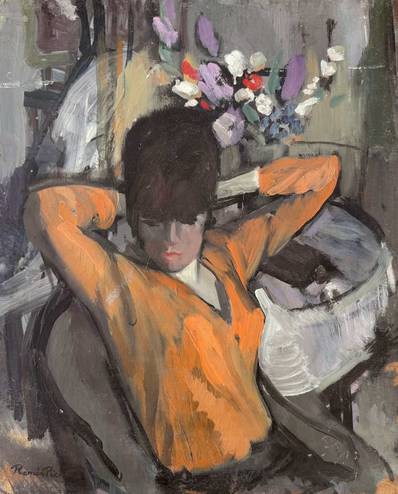 Ramon Pichot I Soler Reclining Woman Oil On Board Painting C.1960