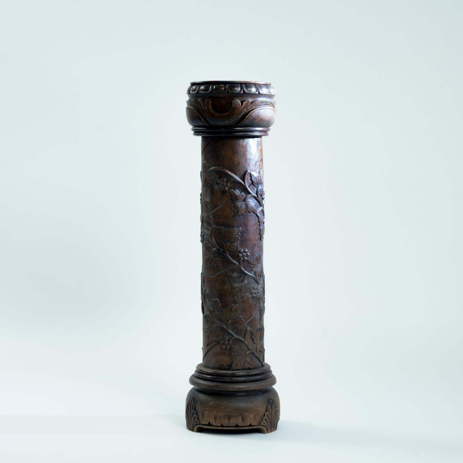 Pedestal Plantstand, Mahogany, Handcarved Grapevine Motive, Wood, 1950s photo furniture