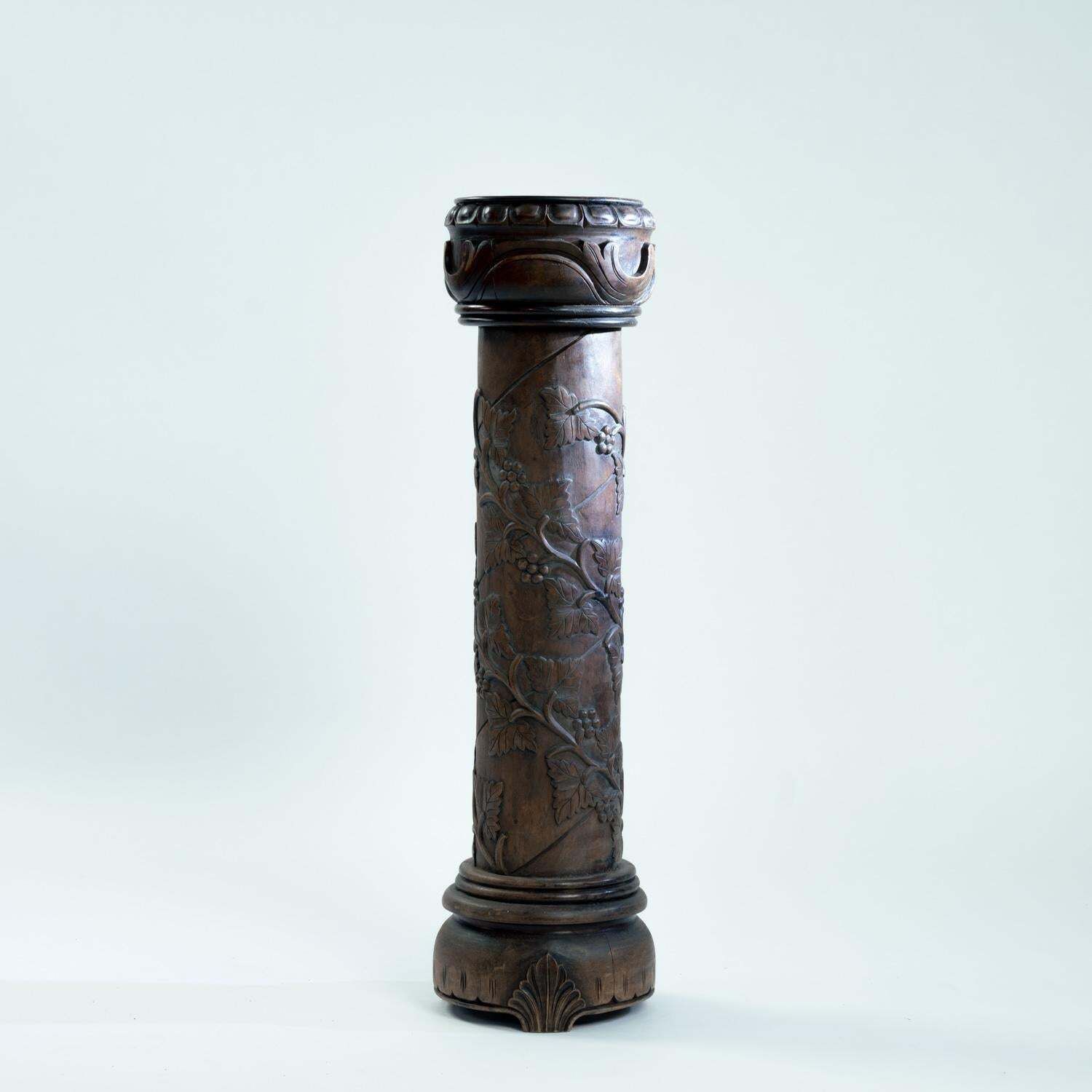 Pedestal Plantstand, Mahogany, Handcarved Grapevine Motive, Wood, 1950s photo for sale