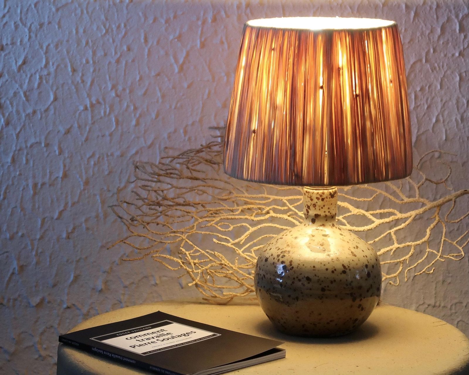 French Stoneware Ceramic Table Lamp By Guy Baudat, Raffia Lampshade, 1970s / Beige, Potter, Wabi Sabi, Country, Cottage photo furniture