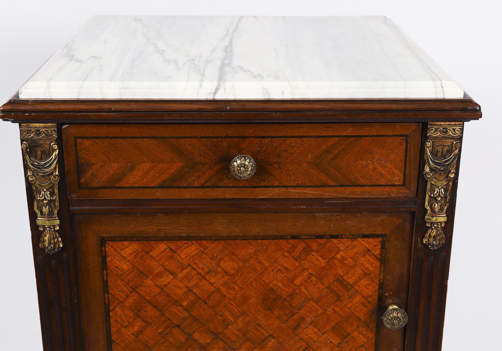 Antique Pair French Parquetry Bedside Cabinets 19th Century photo vintage