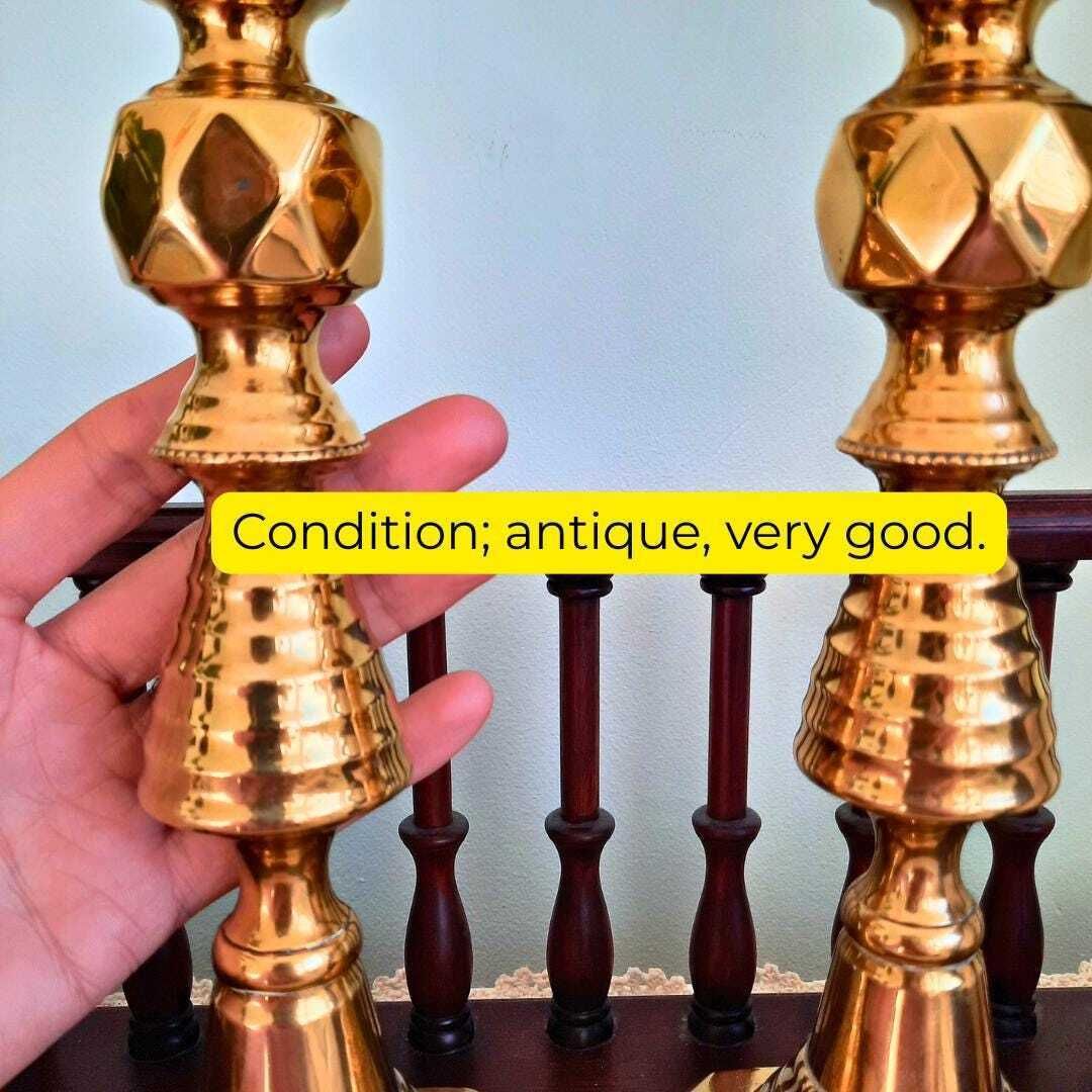 Large Pair Of King Of Diamonds Brass Candlesticks Pair H 11.7, Antique Tall Brass Candleholders photo 90.0