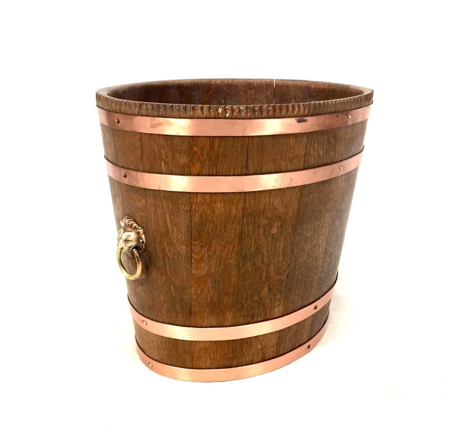 Antique Wooden Oak & Copper Barrel Log Bucket / Fireside Scuttle / Planter C1900 photo vinterior