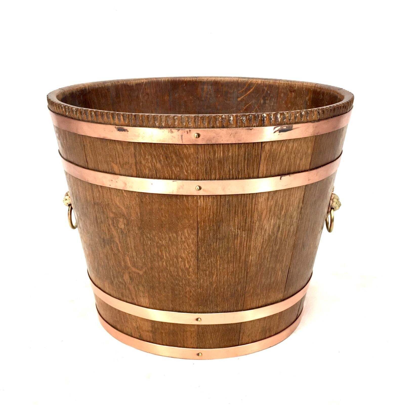 Antique Wooden Oak & Copper Barrel Log Bucket / Fireside Scuttle / Planter C1900 photo vintage