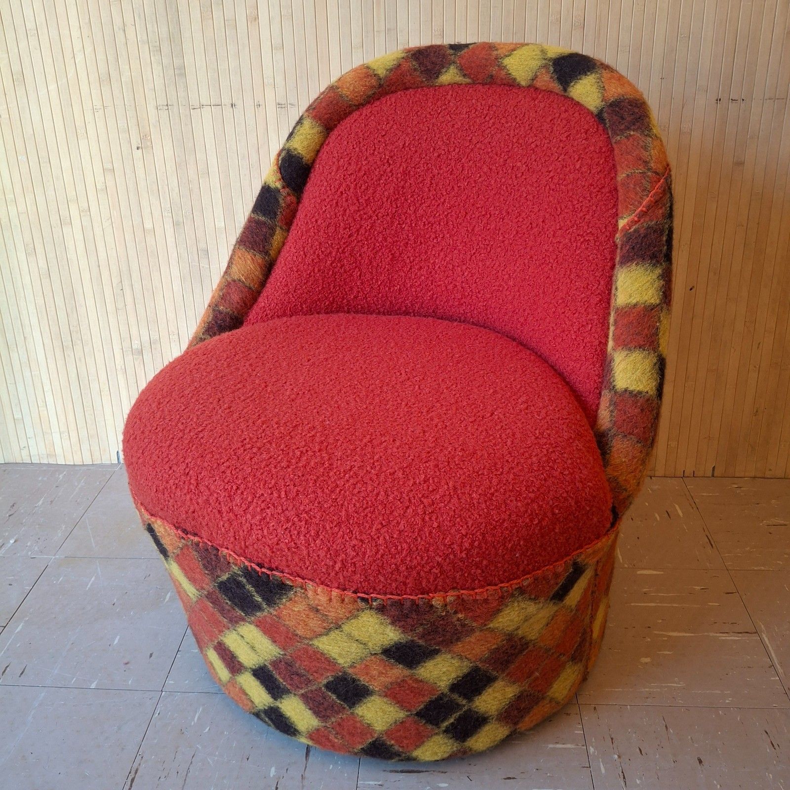 Fab Vintage Retro 70s Sherborne Tub Chair Dark Orange Boucle & Multi Check Wool