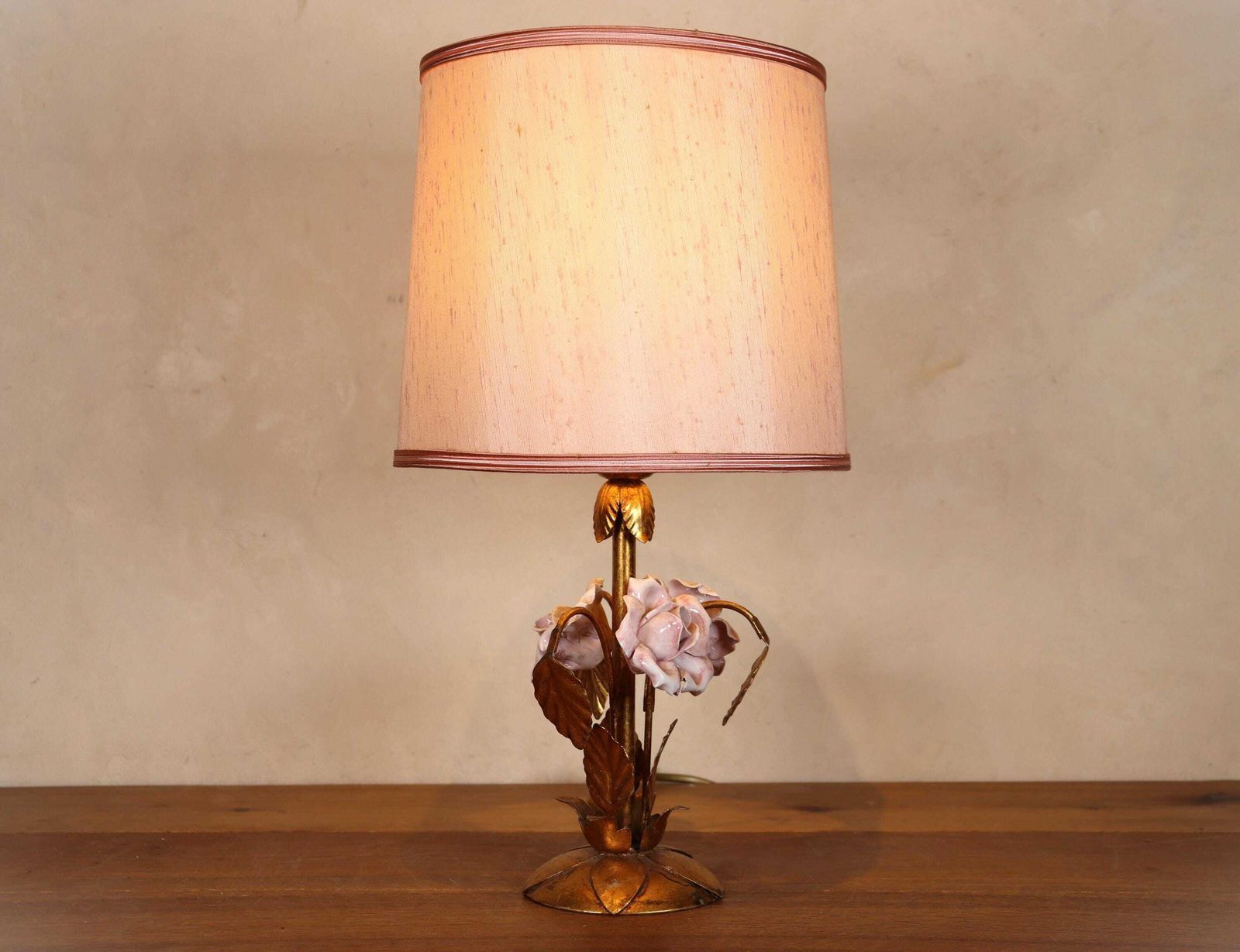 Gilded Porcelain Rose Lamp: Hollywood Regency Desk Or Table Lamp (St.245)