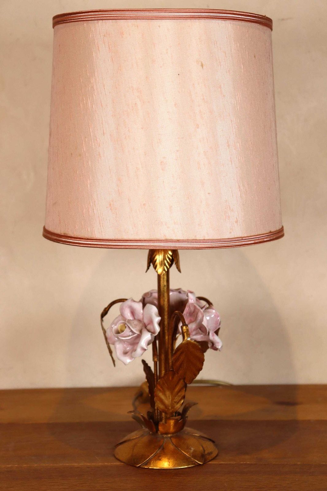 photo furniture Gilded Porcelain Rose Lamp: Hollywood Regency Desk Or Table Lamp (St.245)