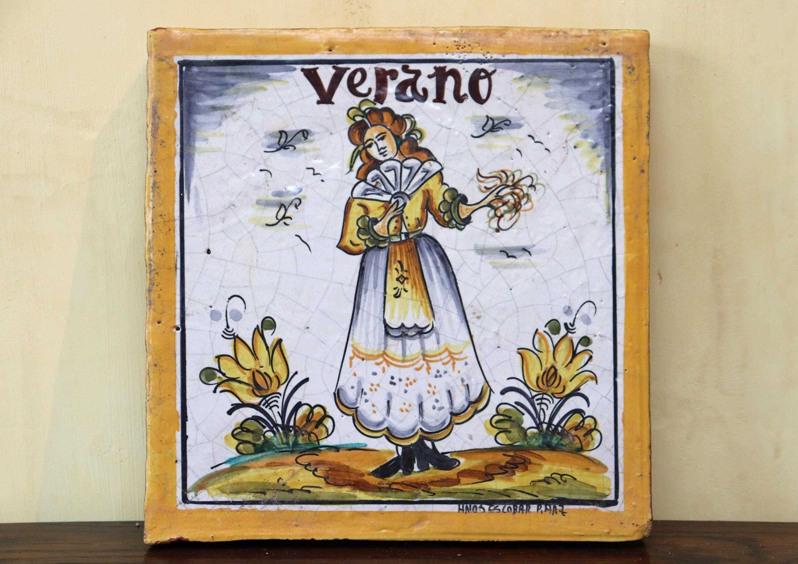 Set Of Four Spanish Vintage Antique Style Tiles , Depicting The Four Seasons (St.265) photo for sale