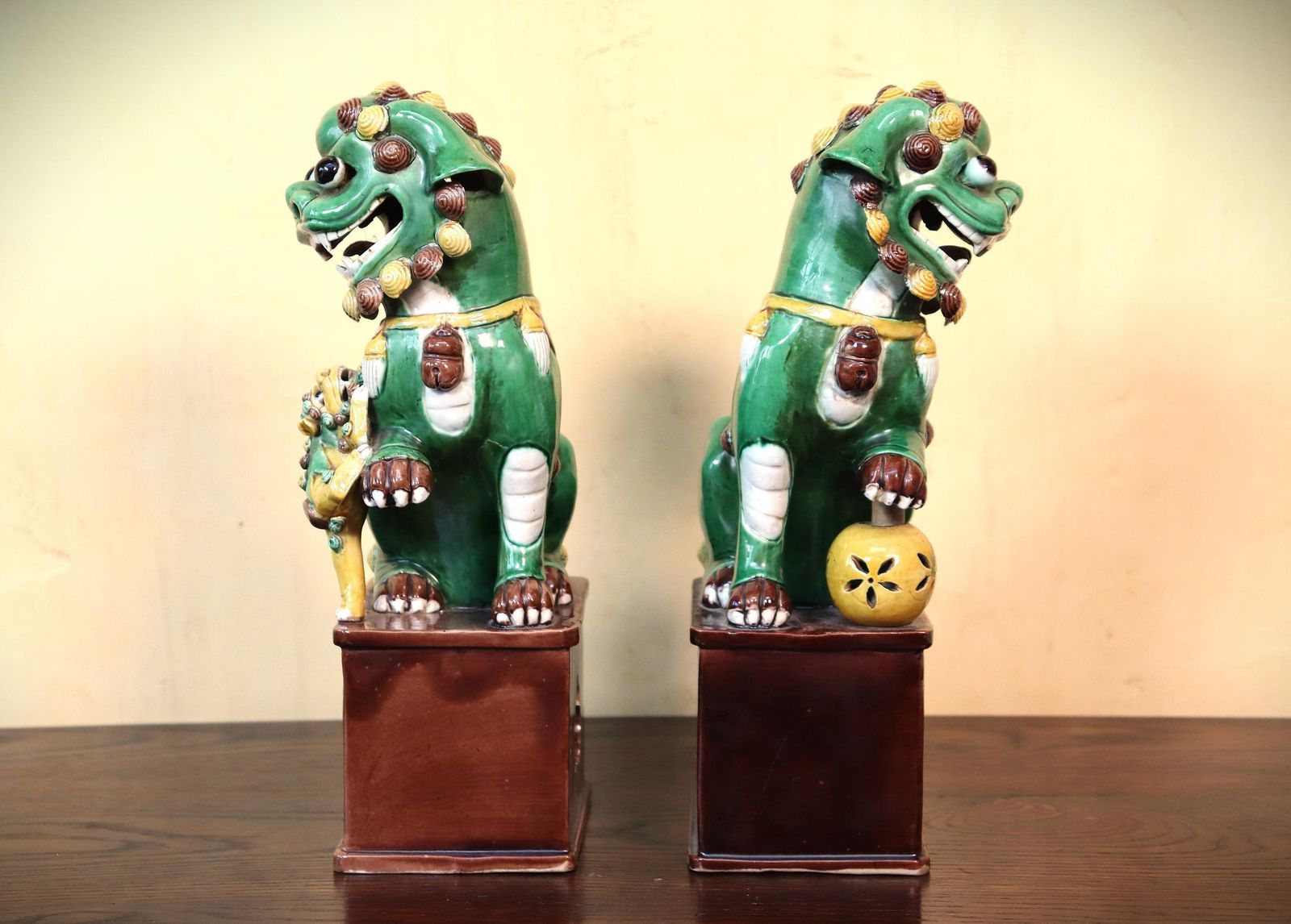 photo for sale Antique Sancai Foo Dogs, 19th Century Buddhist Lions Pair (St.267)