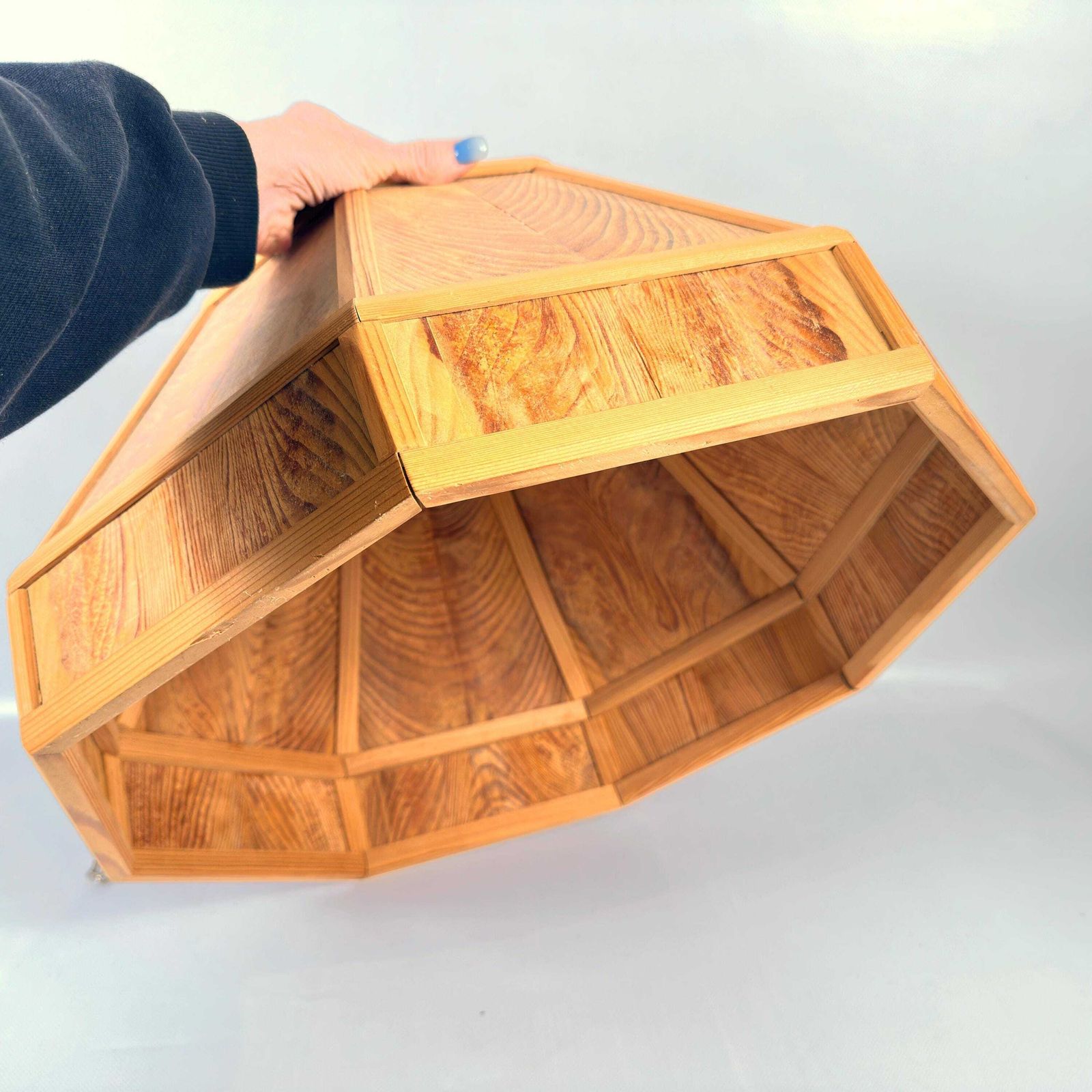 Scandinavian Wooden Ceiling Lamp Shade – 1970s Geometric Pine Pendant Light photo 298.0