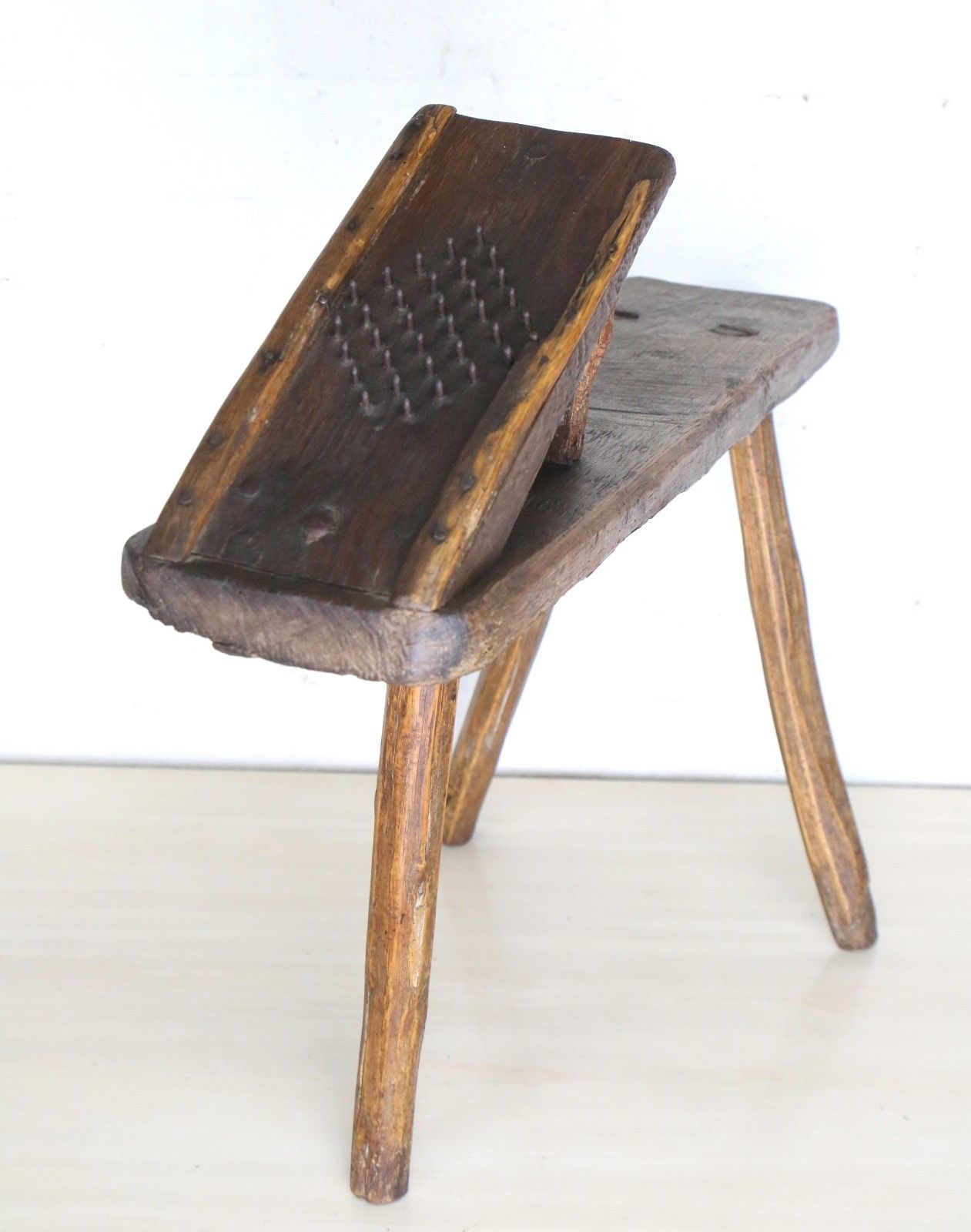 Antique Aged Wooden Stool Wool Shredder Farmhouse Item Rustic Oak 19th Century photo for sale