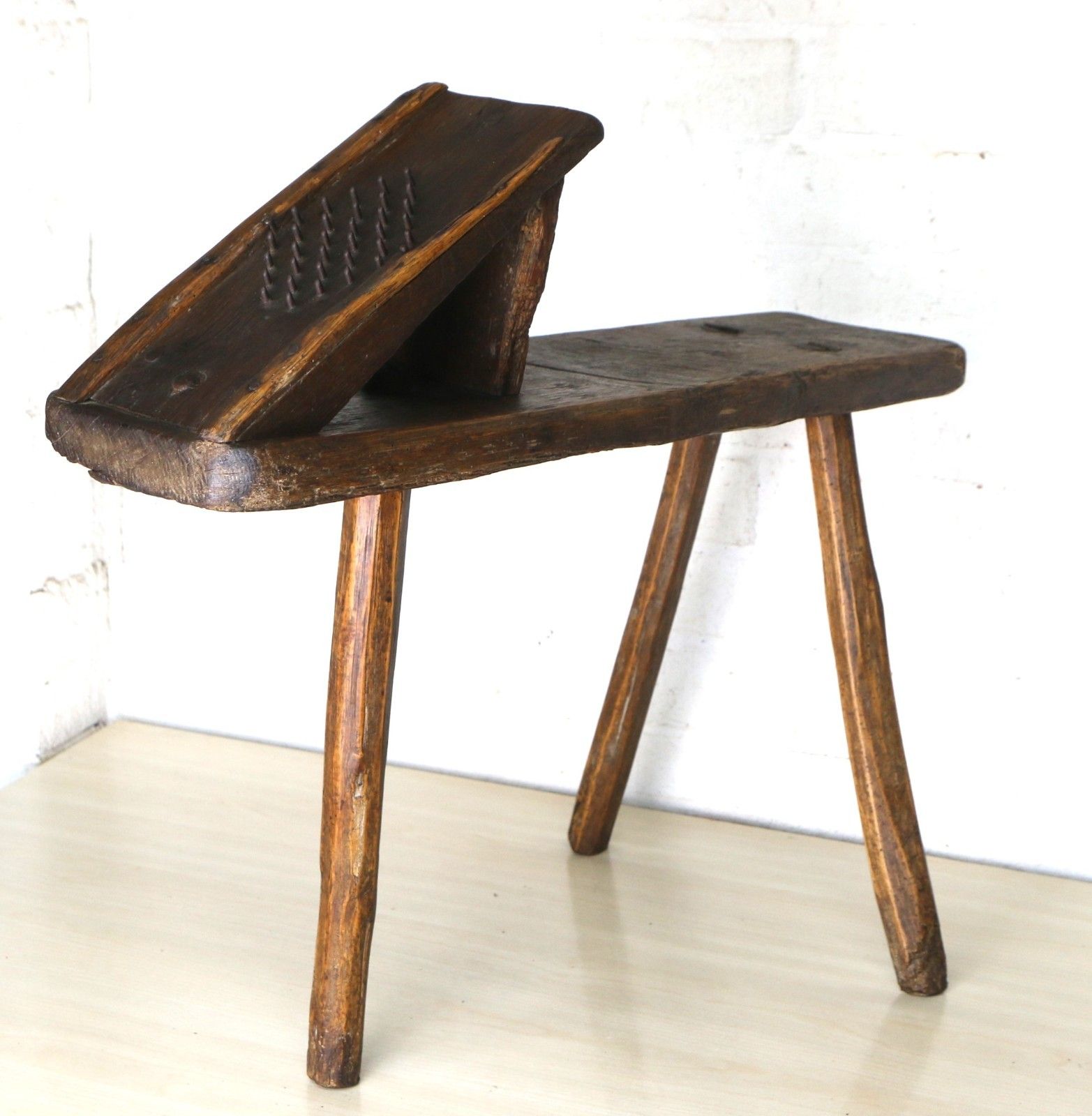 Antique Aged Wooden Stool Wool Shredder Farmhouse Item Rustic Oak 19th Century photo 208.0