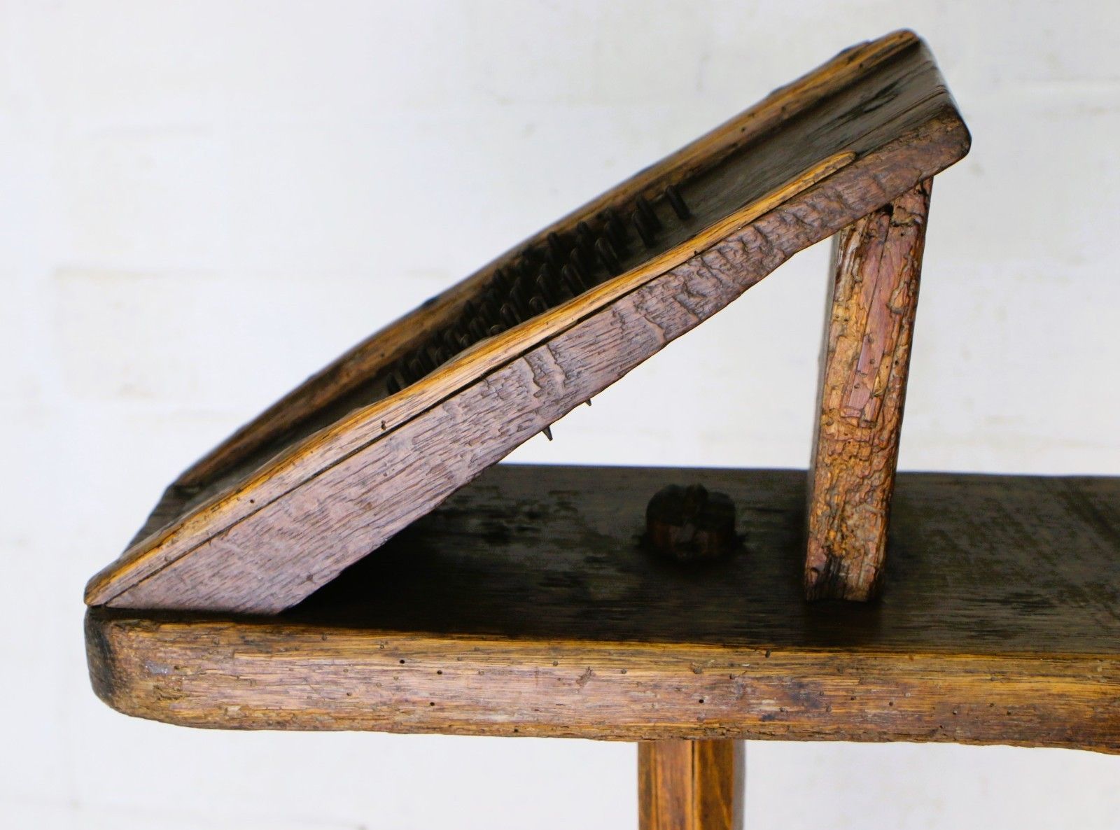 208.0 Antique Aged Wooden Stool Wool Shredder Farmhouse Item Rustic Oak 19th Century photo