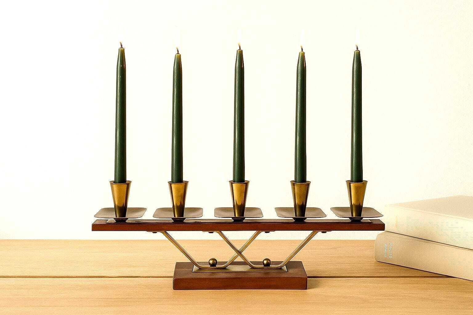 Midcentury Teak And Brass Candelabra: 5 Light German Candle Holder, 1960s Geometric Modern Design