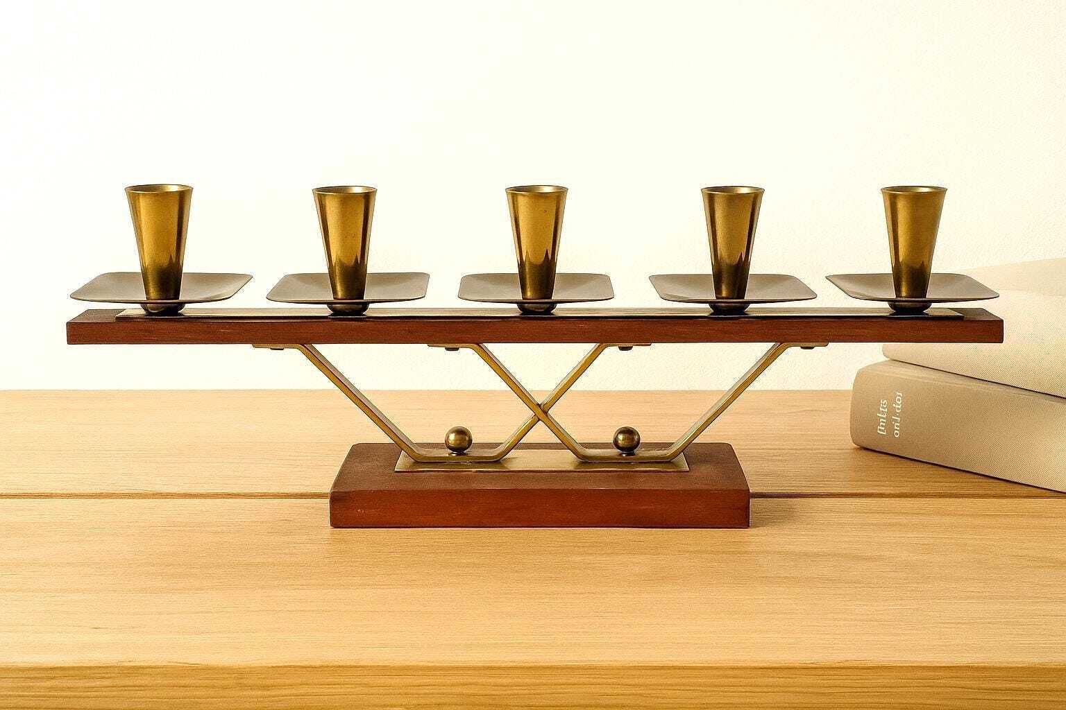 Midcentury Teak And Brass Candelabra: 5 Light German Candle Holder, 1960s Geometric Modern Design photo furniture