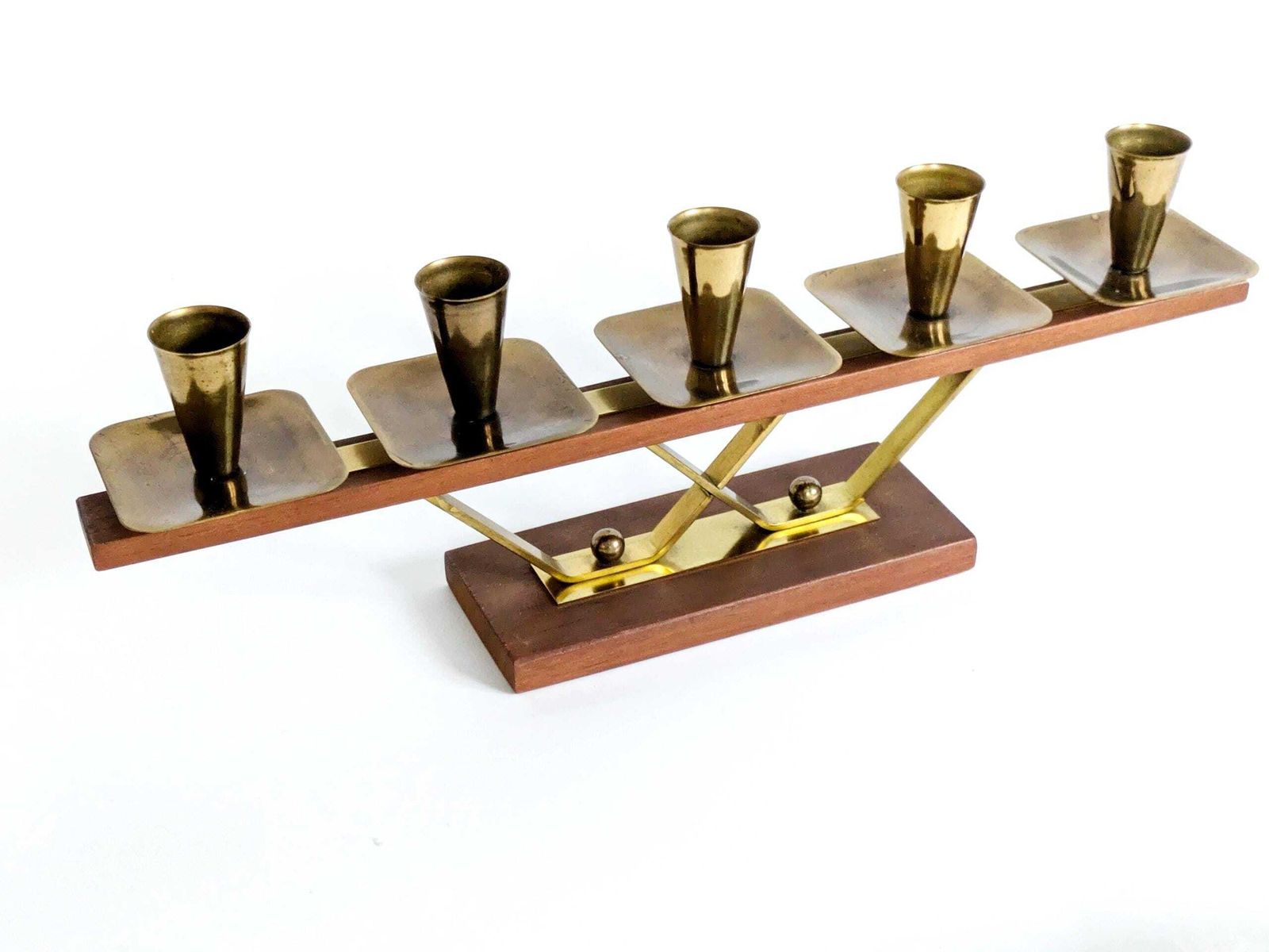 Midcentury Teak And Brass Candelabra: 5 Light German Candle Holder, 1960s Geometric Modern Design photo vinterior