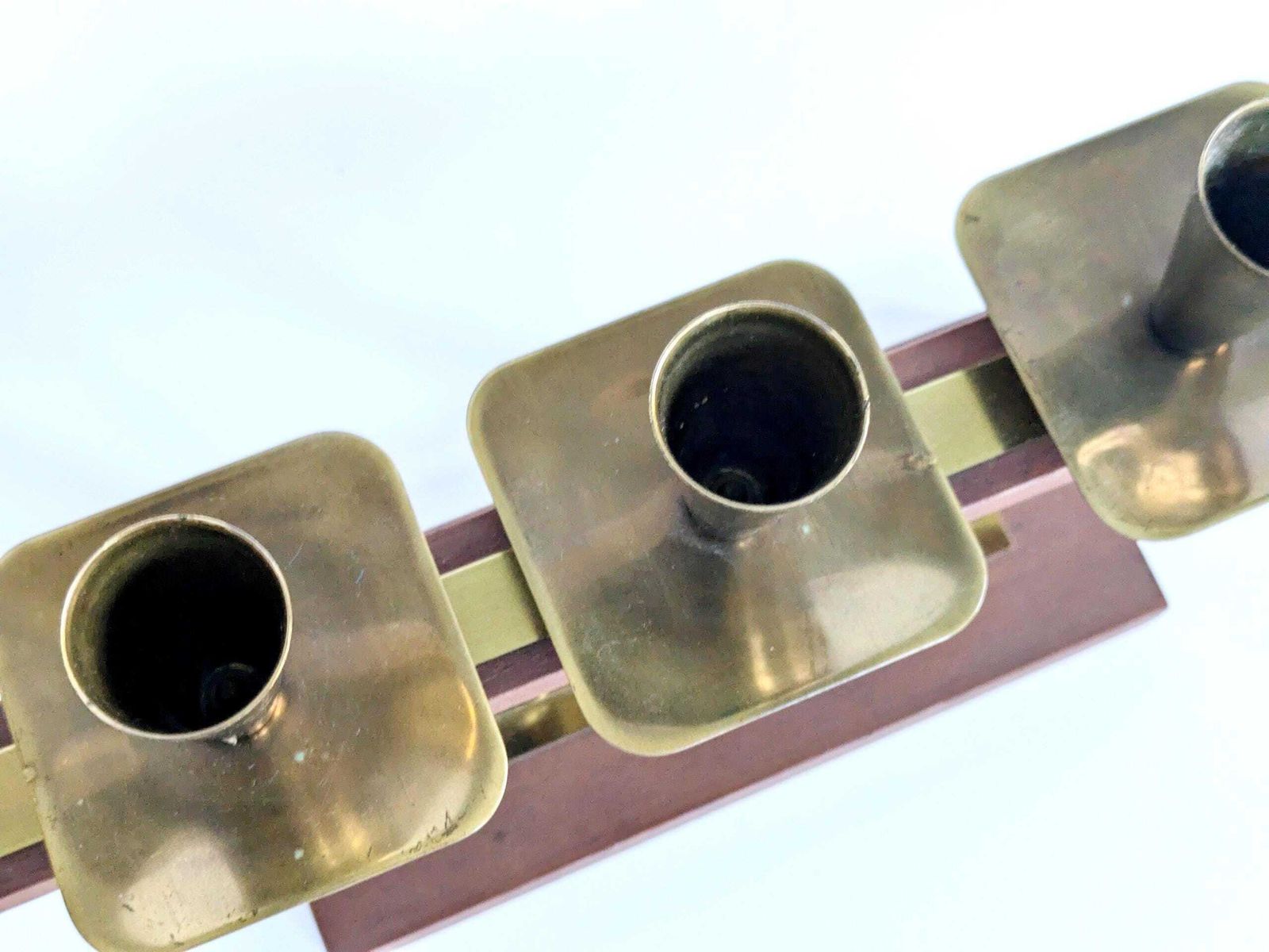 Midcentury Teak And Brass Candelabra: 5 Light German Candle Holder, 1960s Geometric Modern Design photo vintage