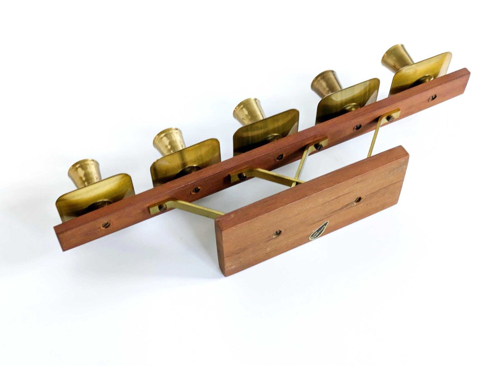 photo for sale Midcentury Teak And Brass Candelabra: 5 Light German Candle Holder, 1960s Geometric Modern Design