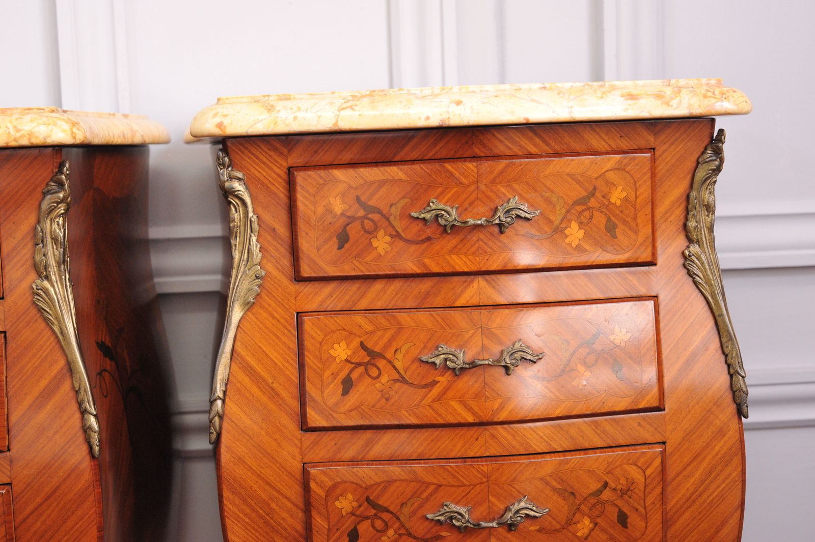 Furniture Pair Of Vintage French Mid C Louis XV Style Three Drawer Marble Top Cabinets Bedsides photo