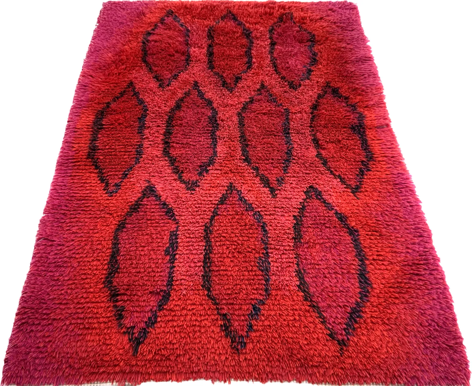 Vintage Red Wool Rya Rug Woven Handmade Vintage Scandinavian Design 1970s