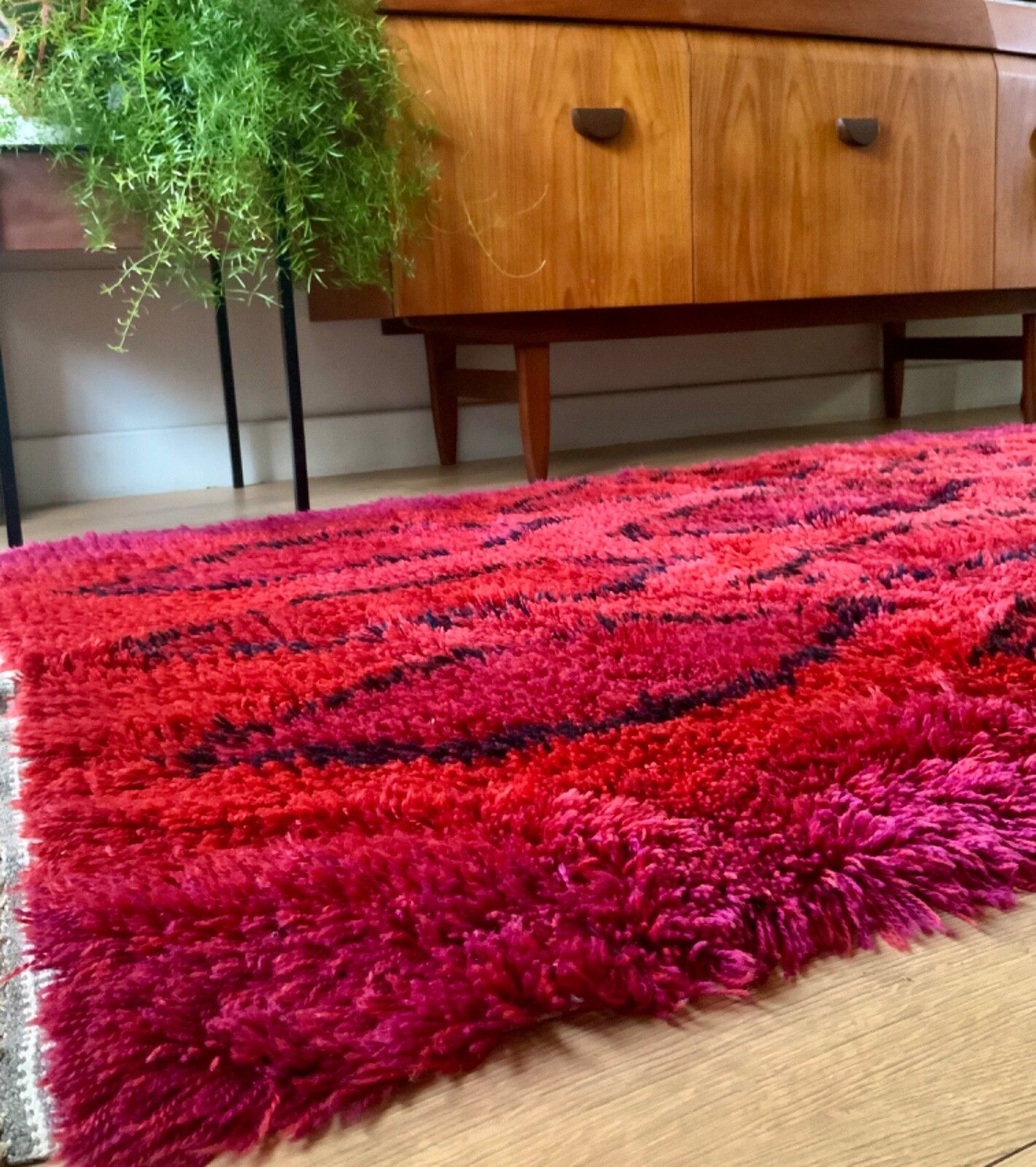 Vintage Red Wool Rya Rug Woven Handmade Vintage Scandinavian Design 1970s photo furniture