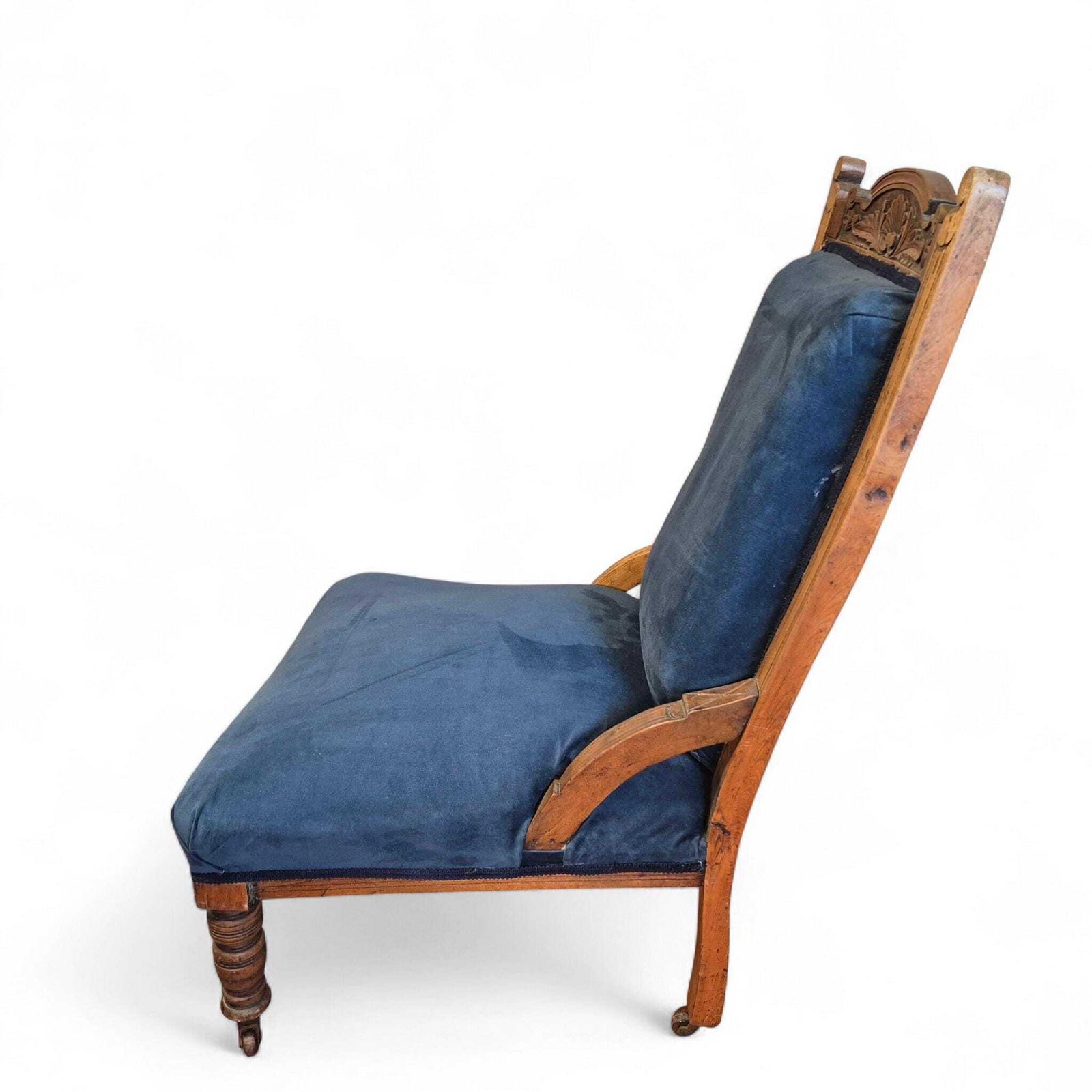 Victorian Oak Nursing Chair With Carved Back & Blue Upholstery photo for sale
