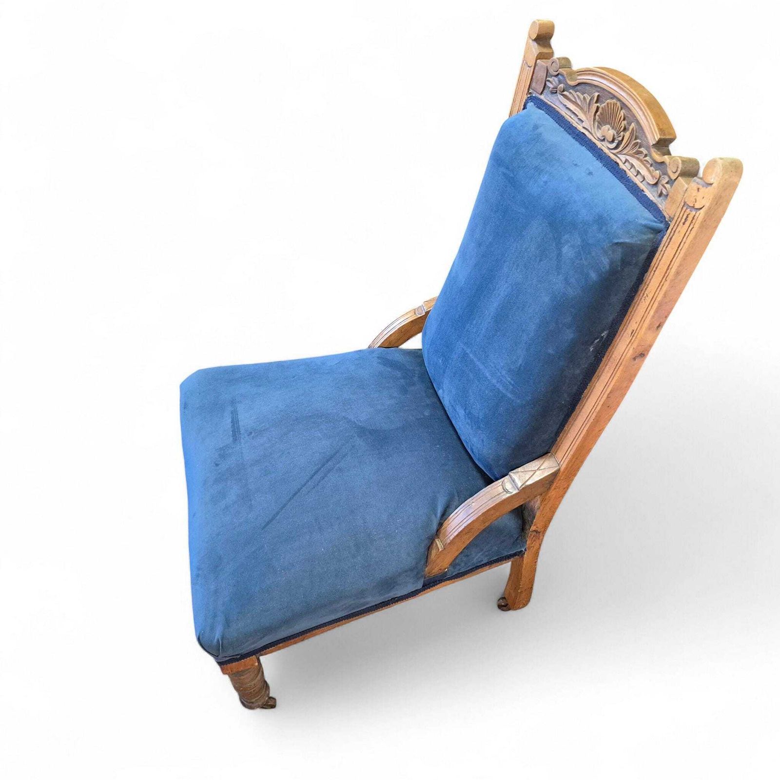 Victorian Oak Nursing Chair With Carved Back & Blue Upholstery photo 245.0