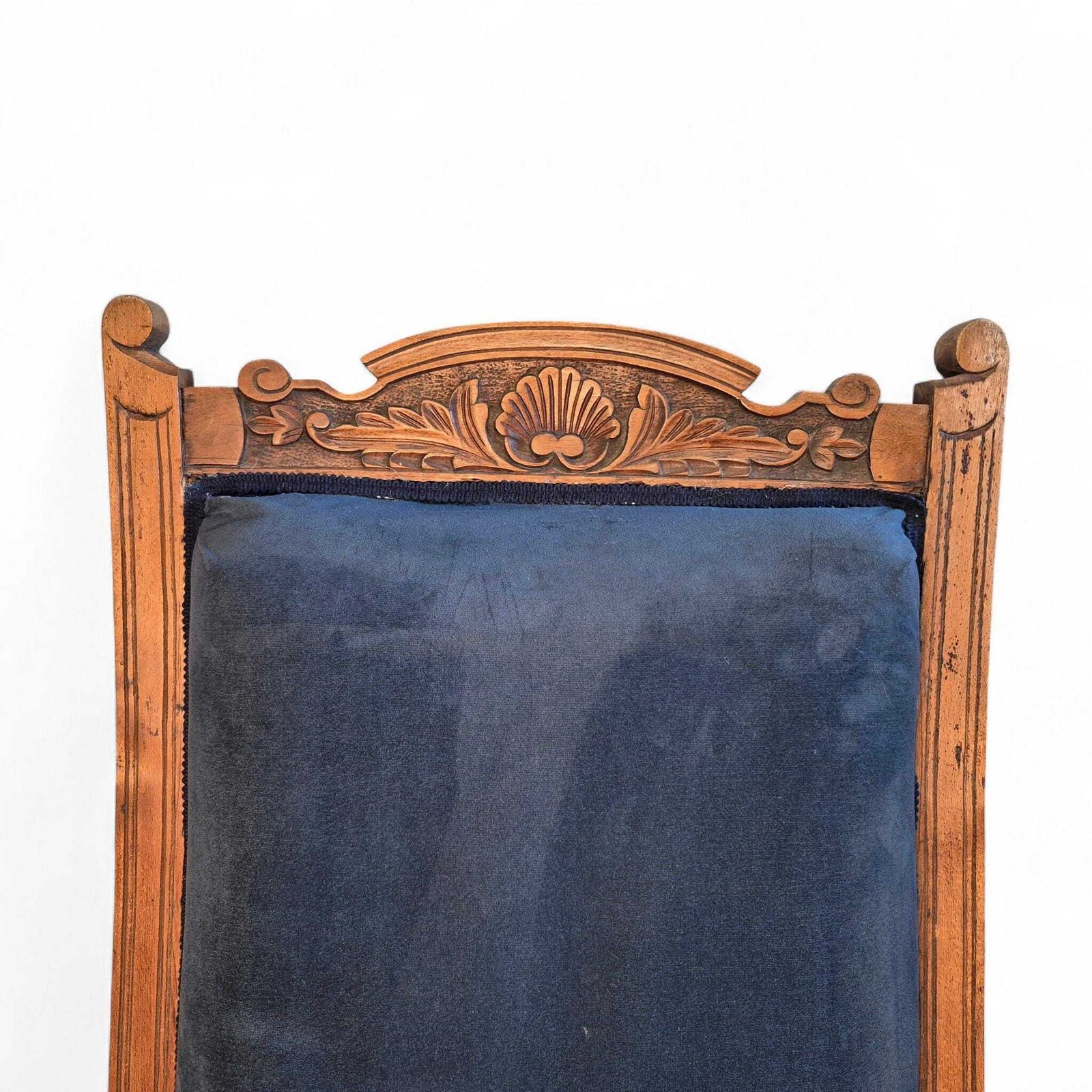 Victorian Oak Nursing Chair With Carved Back & Blue Upholstery photo vintage