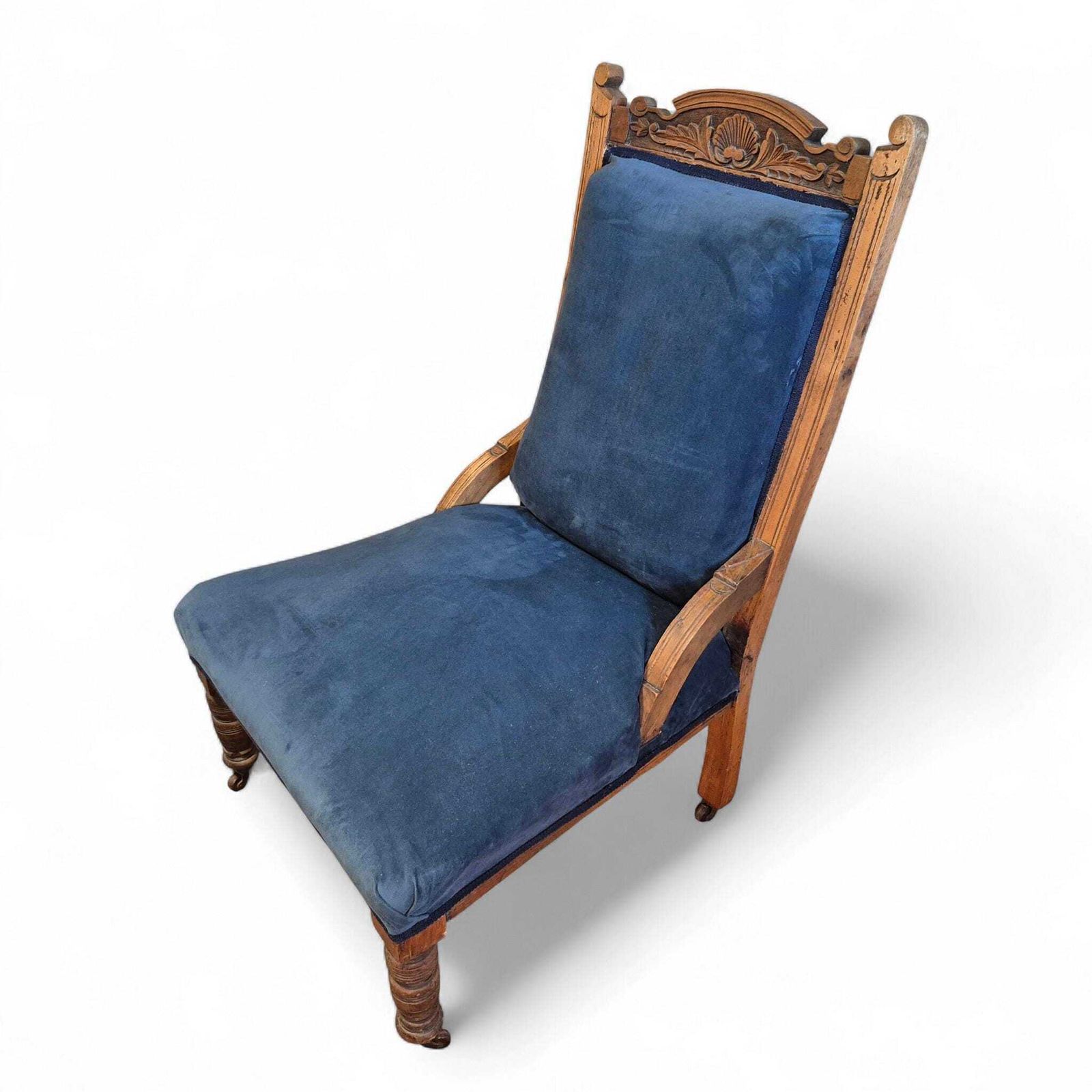 245.0 Victorian Oak Nursing Chair With Carved Back & Blue Upholstery photo