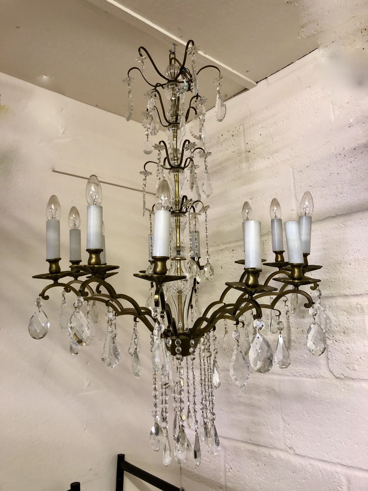 Large 12 Light French Brass And Crystal Antique Chandelier