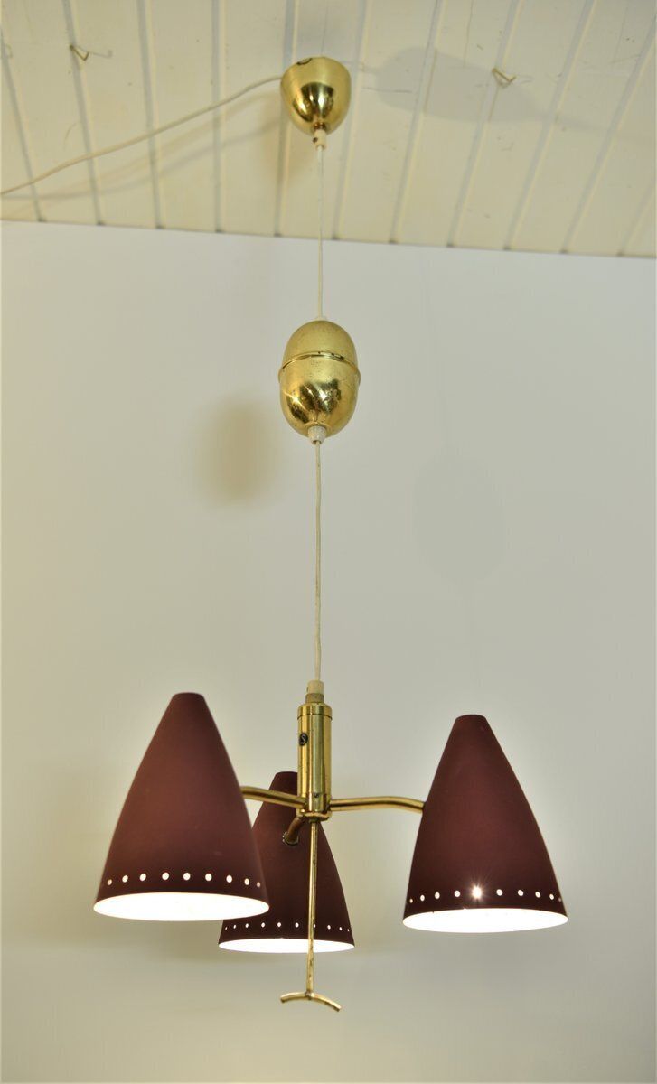 Swedish Modern Triple Pendant Lamp With Elevator Function, 1950s