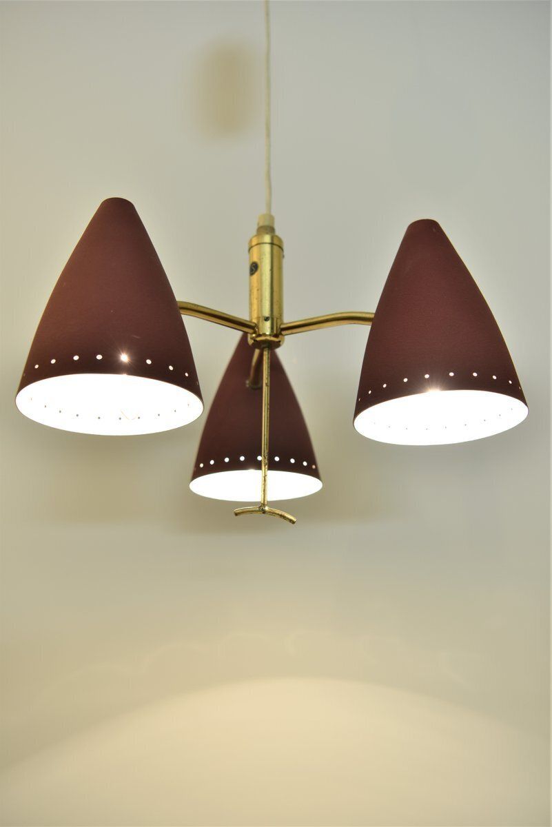 Swedish Modern Triple Pendant Lamp With Elevator Function, 1950s photo vintage